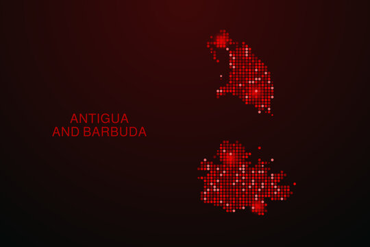 Antigua and Barbuda Map - Digital dotted map with glowing red points on dark background, modern technology style, abstract data network design, clean minimal vector illustration.