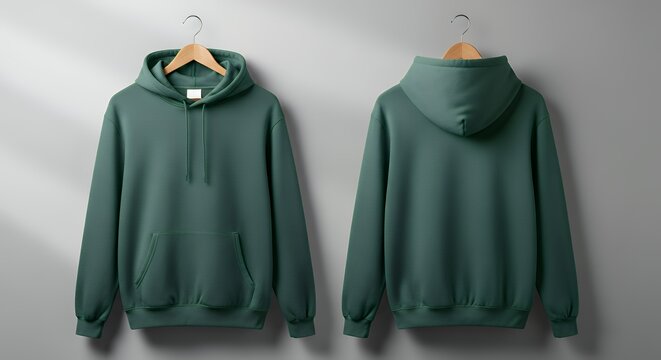 Front and back view of a dark green hoodie on hangers hoodie mockup clothing design fashion casual hoodie isolated blank apparel cotton template