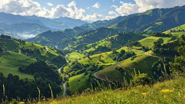 Scenic view of rolling green hills and mountains under a bright blue sky with f clouds in the background.