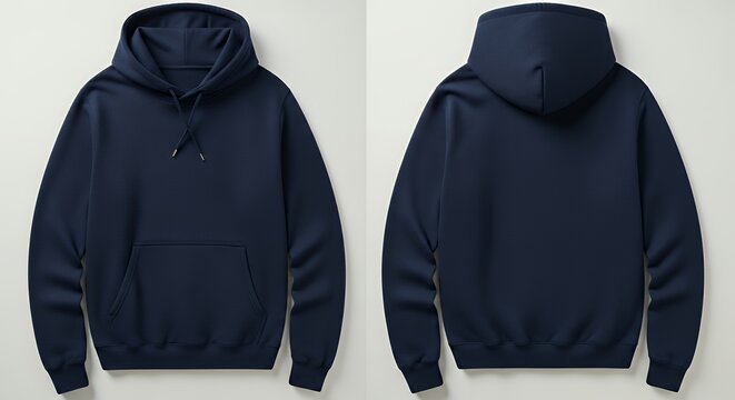 A sleek navy blue hoodie is shown from the front and back on a clean background hoodie mockup clothing design fashion casual hoodie isolated blank apparel cotton template