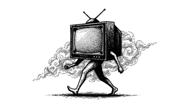 Conceptual walking television scratchboard vector illustration