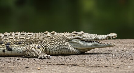 Obraz premium Close up view of a crocodile resting with an open mouth on the ground