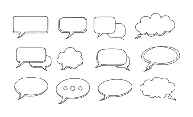 Fototapeta premium Collection of hand drawn speech and thought bubbles in black outline talk communication