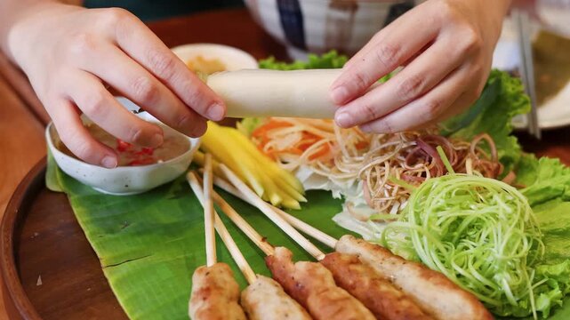 Hands Rolling Vietnamese Nem Nuong Grilled Pork Skewers in Rice Paper