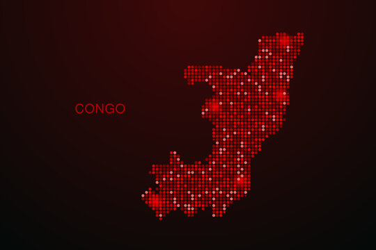 Congo Map - Digital dotted map with glowing red points on dark background, modern technology style, abstract data network design, clean minimal vector illustration.