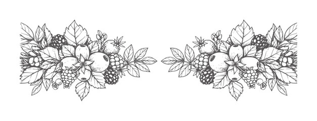 Fototapeta premium Decorative of assorted berries and leaves symmetrical arrangement berry leaf fruit