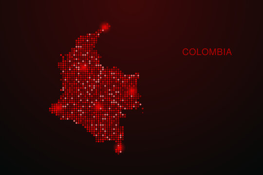 Colombia Map - Digital dotted map with glowing red points on dark background, modern technology style, abstract data network design, clean minimal vector illustration.