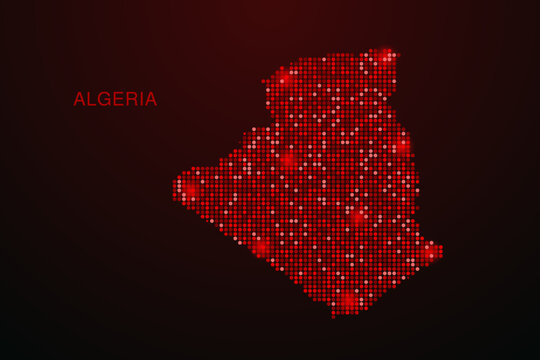 Algeria Map - Digital dotted map with glowing red points on dark background, modern technology style, abstract data network design, clean minimal vector illustration.