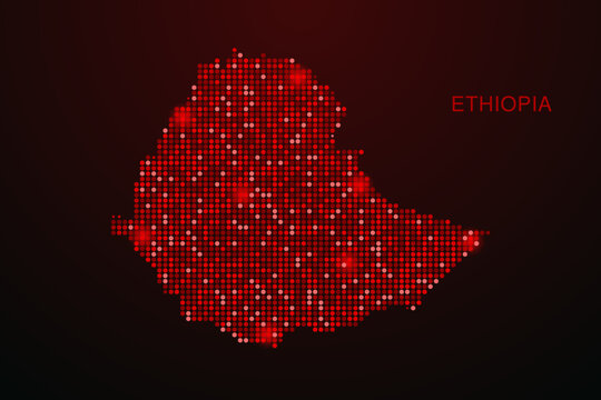 Ethiopia Map - Digital dotted map with glowing red points on dark background, modern technology style, abstract data network design, clean minimal vector illustration.