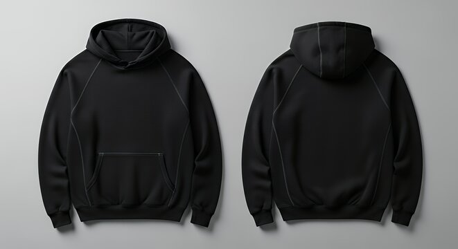 Black hoodie mockup featuring front and back views in a studio setting with detailed stitching and thick fabric texture isolated on gray background hoodie mockup clothing design fashion casual hoodie 