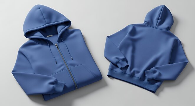 Blue hooded sweatshirt with zipper front and back fashion view hoodie mockup clothing design fashion casual hoodie isolated blank apparel cotton template