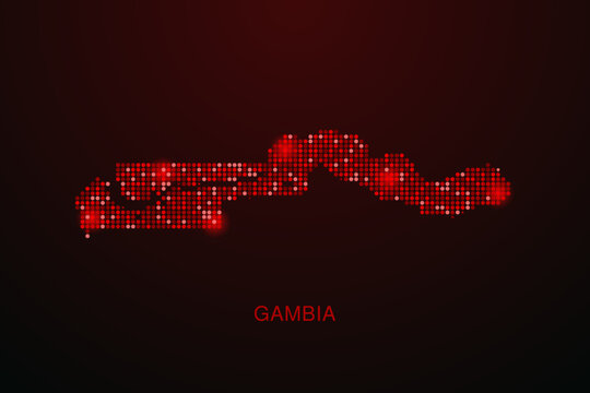 Gambia Map - Digital dotted map with glowing red points on dark background, modern technology style, abstract data network design, clean minimal vector illustration.