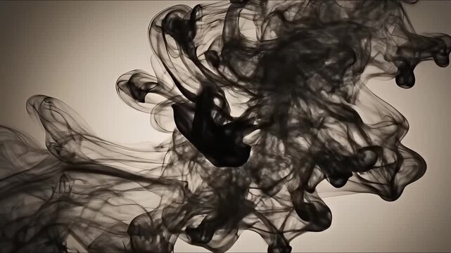 Black ink cloud swirling and dissolving in water creating abstract shapes and patterns