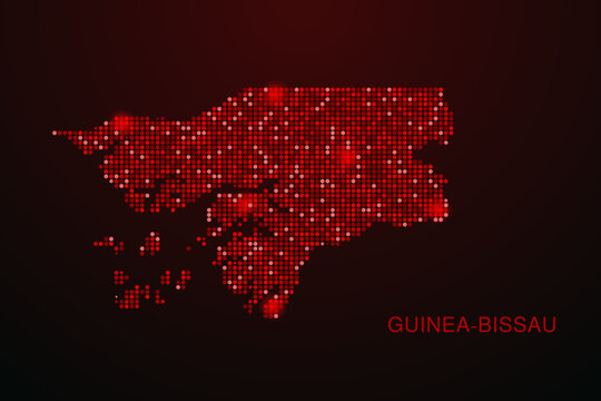 Guinea-Bissau Map - Digital dotted map with glowing red points on dark background, modern technology style, abstract data network design, clean minimal vector illustration.