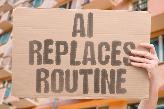 "AI Replaces Routine" The first workers losing jobs to AI are those performing the most routine and repetitive tasks. AI. JOBS. LOSING. ROUTINE. REPETITIVE.