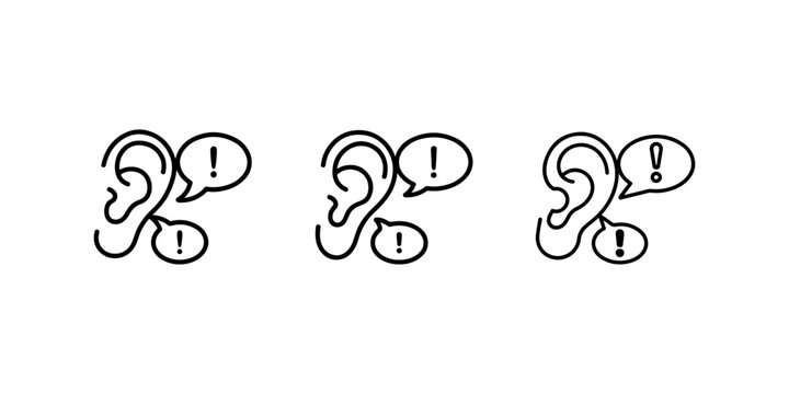 Hearing loss awareness and ear health medical linear icon collection showing sound wave detection and communication difficulty symbols on white background