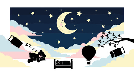 Dreamland: Sleeping Bear, Moon, Stars, Clouds, Beds, Hot Air Balloon © gan
