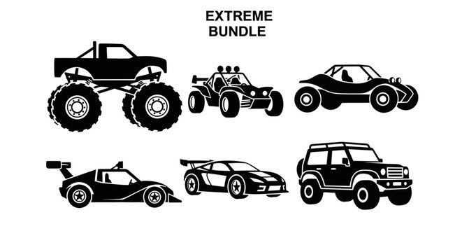 Extreme Sports Vehicles Vector Icons - Monster Truck, Buggy, Sports Cars, Off-road