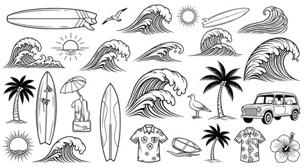 Summer Beach Vibes: Surfboards, Waves, Palm Trees, and Aloha Shirts © gan