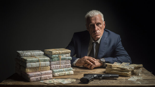 Cartel boss sitting at a table with stacks of cash, drug packages, and a pistol, depicting crime, power, and illegal trafficking in a dark dramatic scene.