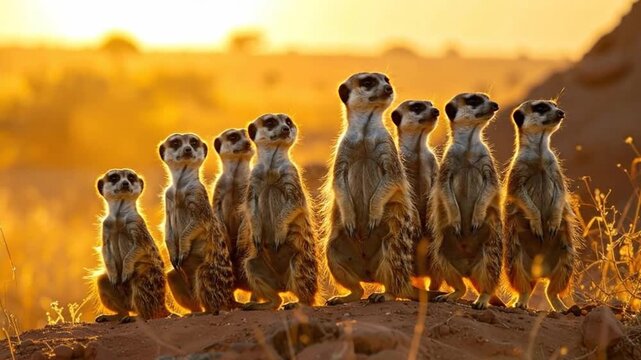 A group of meerkats standing upright, silhouetted against a warm, golden sunset background.