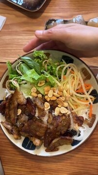 Overhead View of Vietnamese Bun Thit Nuong Grilled Pork Rice Noodles