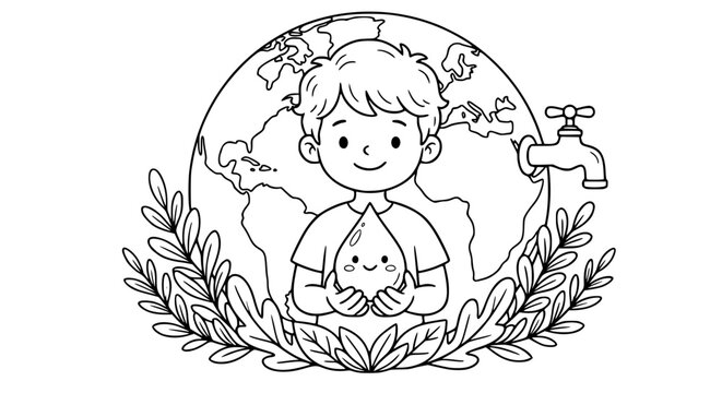 Boy Saving Water for Planet Earth Coloring Page, World Water Day Conservation Concept Line Art, Child Holding Water Drop Illustration for Environmental Educatio