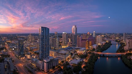 Fototapeta premium Riverside city skyline glowing at sunset over riverfront