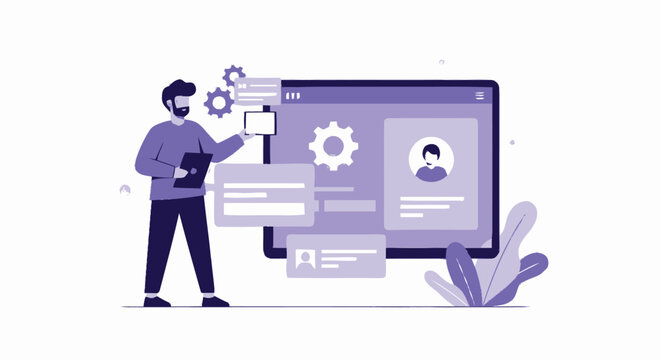 Illustration of a man working on a computer interface with settings.