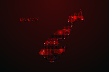 Obraz premium Monaco Map - Digital dotted map with glowing red points on dark background, modern technology style, abstract data network design, clean minimal vector illustration.