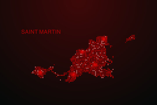 Saint Martin Map - Digital dotted map with glowing red points on dark background, modern technology style, abstract data network design, clean minimal vector illustration.