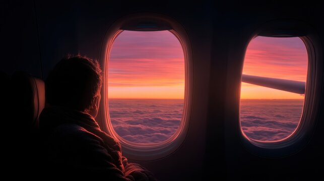 Passenger looking out airplane window over cloudscape at sunrise