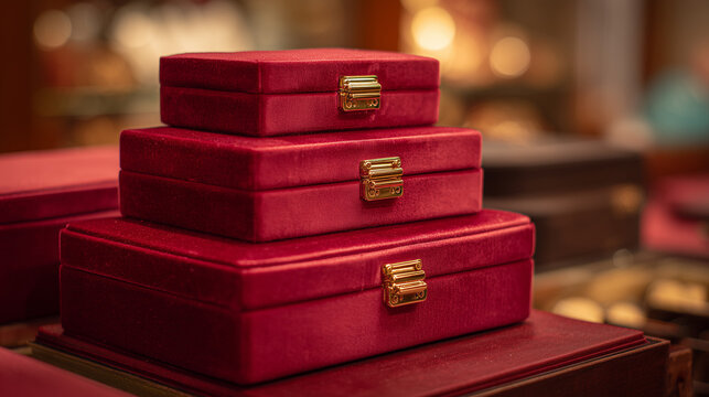 Elegant red suede leather boxes with golden clasps, highlighting luxury craftsmanship and timeless design for jewelry or keepsake storage in a refined setting.