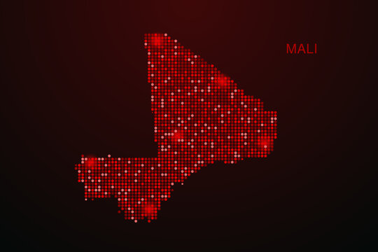 Mali Map - Digital dotted map with glowing red points on dark background, modern technology style, abstract data network design, clean minimal vector illustration.