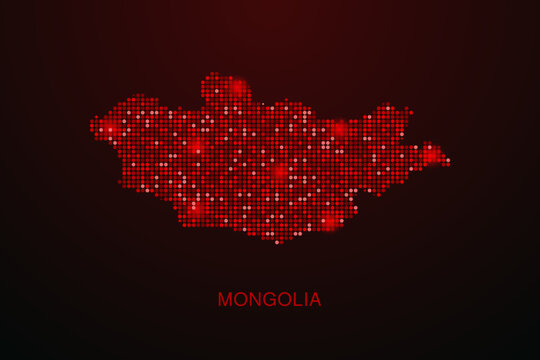 Mongolia Map - Digital dotted map with glowing red points on dark background, modern technology style, abstract data network design, clean minimal vector illustration.