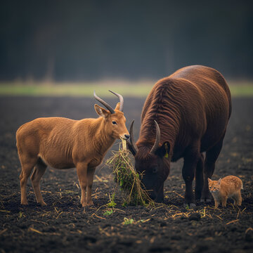 Bantengs and calf grazing in a field wildlife photography.