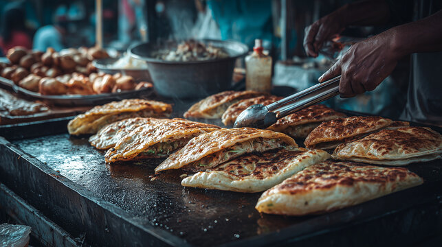 Street vendor cooking flatbread on hot griddle, showcasing traditional food, local cuisine, and authentic street food experience with rich texture and flavor.