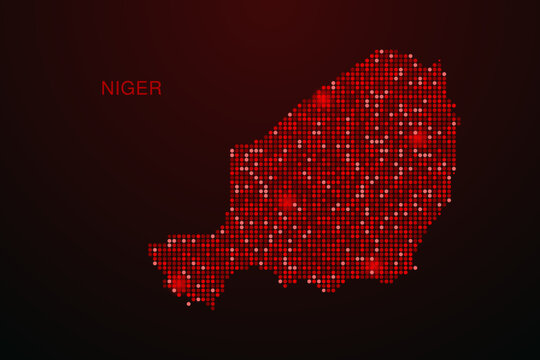 Niger Map - Digital dotted map with glowing red points on dark background, modern technology style, abstract data network design, clean minimal vector illustration.