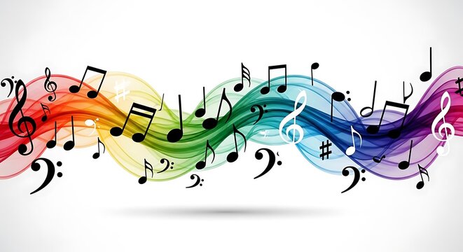Colorful musical notes flowing across a vibrant rainbow wave pattern