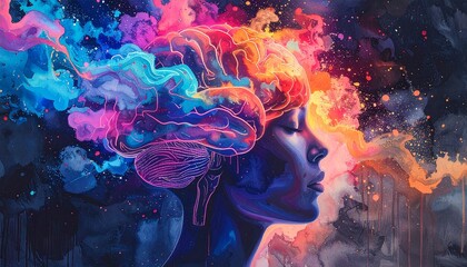 Obraz premium Conceptual Artwork of Human Mind with Vibrant Colors and Energy Mental Power Creativity.