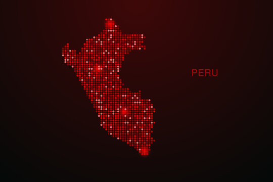 Peru Map - Digital dotted map with glowing red points on dark background, modern technology style, abstract data network design, clean minimal vector illustration.