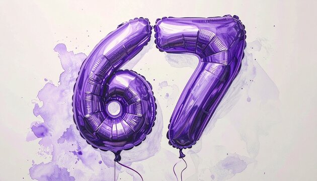 Celebration of sixty seven years anniversary purple balloons in watercolor style for greeting cards and invitations.