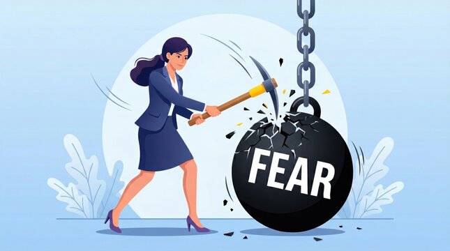 Conquering Fear: A determined person fearlessly smashes the word FEAR with a pickaxe, symbolizing overcoming obstacles.