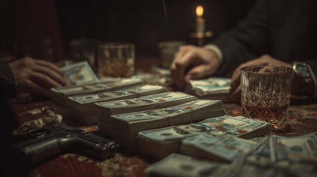 Stack of cash on table with glasses of whiskey and handgun, depicting crime, illegal deal, money exchange, and dangerous underground business scene.