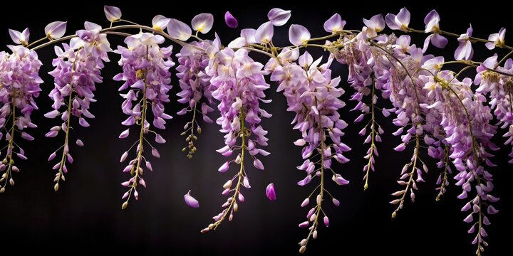 Elegant cascading lavender blossoms, a profusion of delicate floral beauty against a dark backdrop, showcasing the graceful pendulous nature of these springtime flowers.