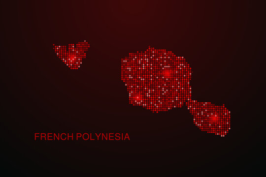 French Polynesia Map - Digital dotted map with glowing red points on dark background, modern technology style, abstract data network design, clean minimal vector illustration.