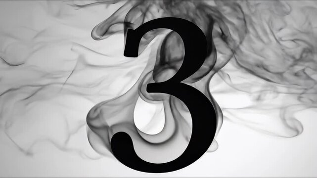 A bold black number three emerges from swirling grey smoke.