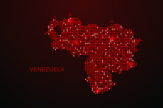 Venezuela Map - Digital dotted map with glowing red points on dark background, modern technology style, abstract data network design, clean minimal vector illustration.