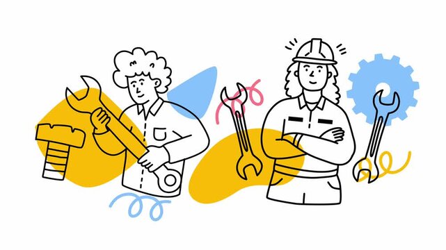 male and female mechanics holding wrenches with industrial gear background