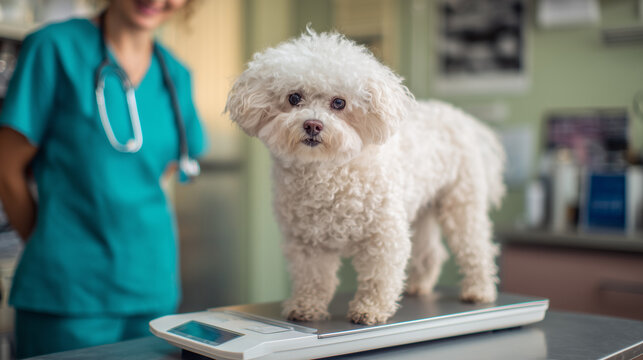 Small white dog on scale during veterinary checkup, highlighting pet health, weight monitoring, animal care, and professional clinic environment.